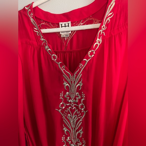 Haute Hippie Red Silk Gild Embroidered Tunic Top - Picture 3 of 6